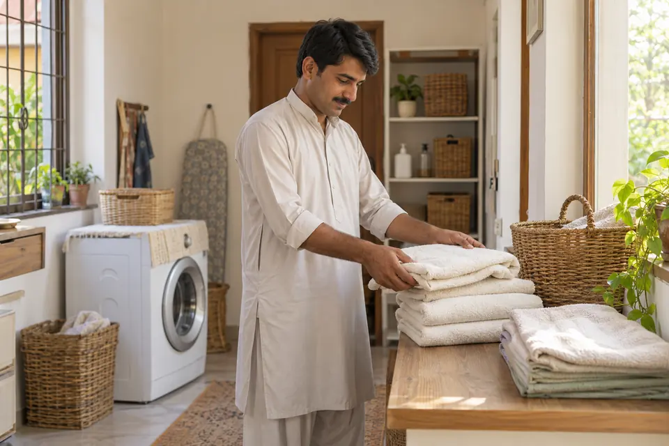 Male House Helper Duties: A Practical Household Checklist: Male household helper organising folded laundry.