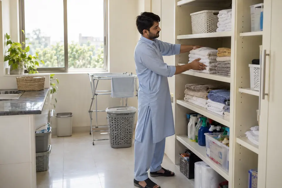 Male House Helper in Islamabad: Helper organizing towels and supplies