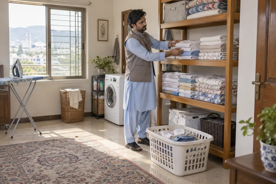 Male House Helpers in Islamabad & Rawalpindi Male House Helpers in Islamabad & Rawalpindi: Household helper arranging clean linens in a bright utility room.