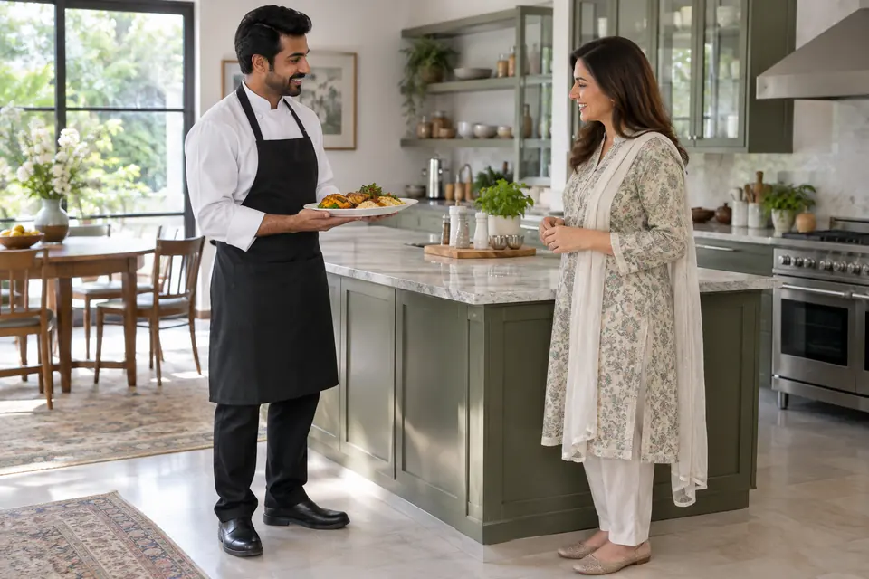 Questions to Ask Before Hiring a Home Cook: Cook showing a plated meal to a homeowner.