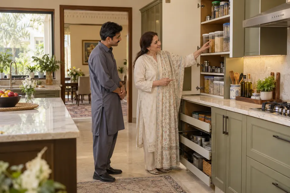 Your First Week With New Domestic Staff: A Simple Plan: Homeowner showing a male household helper the kitchen storage.